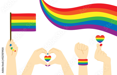 Vector illustration with hands holding LGBT flag, heart and showing different gestures. LGBT flag, ribbon