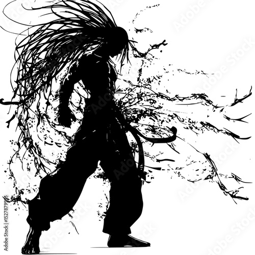 black and white art of a woman with long hair and an umbrella art, black, hair, long, silhouette, umbrella, wind, woman , Generative art.
