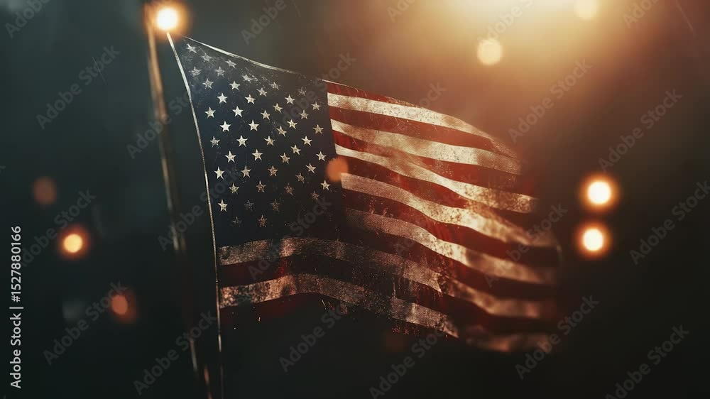 An American flag is seen waving with a weathered look, bathed in warm light and surrounded by floating particles against a dark background, highlighting its texture and colors.