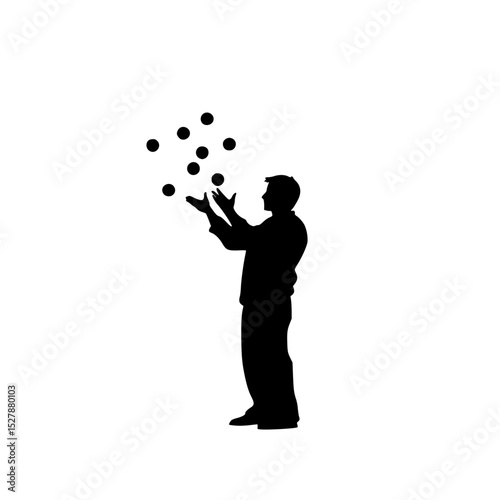 black silhouette of a man throwing balls in the air ball, black, hand, man, silhouette, stand, throw , Generative art.