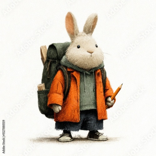 Bunny student wearing backpack and orange coat holding a pencil