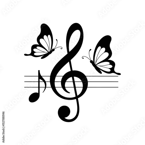 Musical Note with Butterflies and Staff Illustration