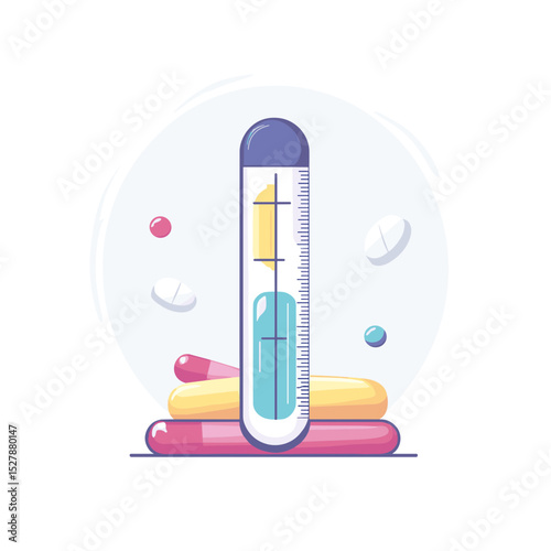 Health and Wellness Flat Lay with Thermometer and Colorful Capsules on Isolated White Background