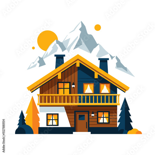 Mountain chalet with wooden details under a yellow sun and mountains  