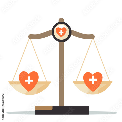 Health Balance Scales with Heart Shapes and Plus Signs Symbolizing Equality and Wellness on a White Background