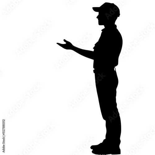 a black and white silhouette of a man with a hat black, hand, hat, man, silhouette, stand , Generative art.