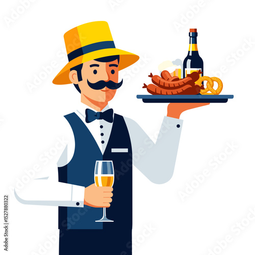 Male waiter serving beer and sausages at Octoberfest event  