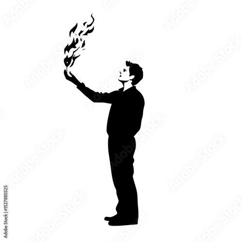 a black silhouette of a man holding a torch with flames coming out of his head black, fire, flame, hand, head, hold, man, silhouette, stand, torch , Generative art.