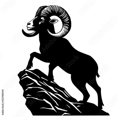 a black and white silhouette of a ram or goat with horns standing on a rock black, goat, hill, horn, mountain, mountain goat, ram, rock, silhouette, stand , Generative art.