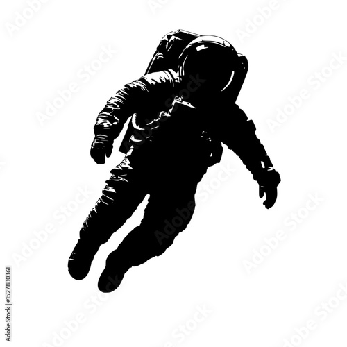 a black and white silhouette of a man in a suit floating in space astronaut, black, float, fly, man, silhouette, space, suit , Generative art.