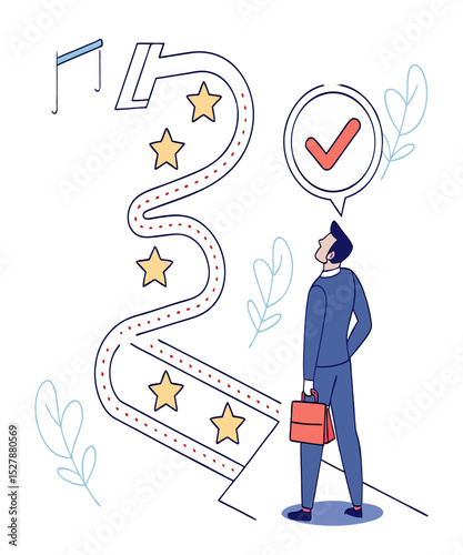 Success roadmap journey, milestone or career path achievement, route or pathway to achieve goals, accomplishment, assessment or way to success, businessman look at achievement milestone to success
