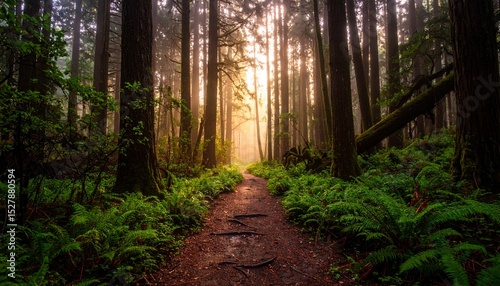 Twilight-drenched forest trail, layered with wet leaves and saturated amethyst tones, low mist curls between shadowed trunks