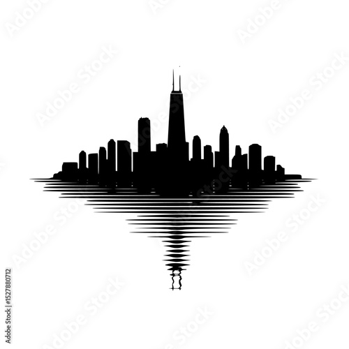 a black and white skyline of a city with its reflection in the water black, building, city, reflection, silhouette, skyline, water , Generative art.