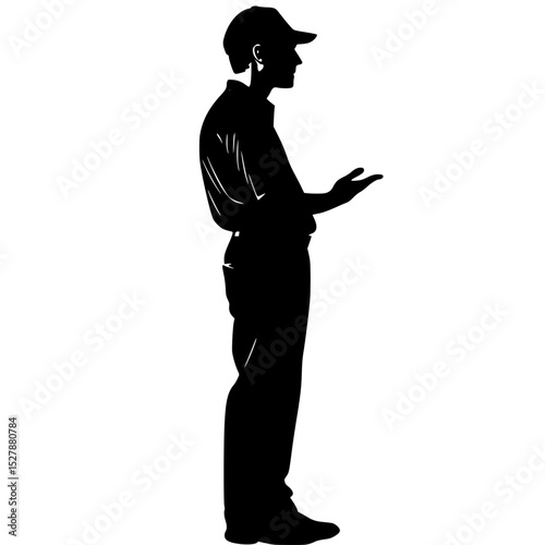 a black silhouette of a man standing on a white background black, hand, hat, man, silhouette, stand , Generative art.