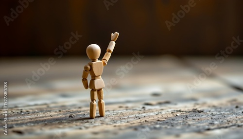 wooden figure reaching up while others watch, metaphor for asking for help, editorial style, shallow depth.