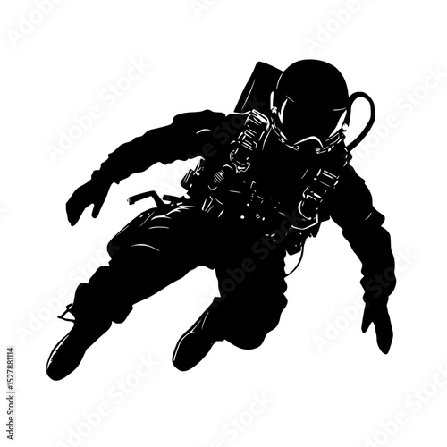 a black and white silhouette of a scuba diver black, diver, man, scuba diver, silhouette , Generative art.