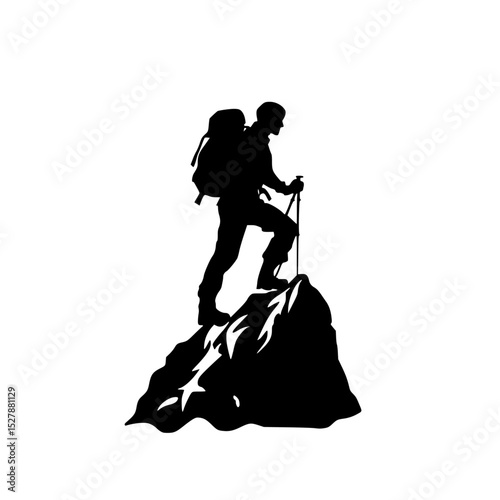 a black and white silhouette of a man with a backpack climbing to the top of a mountain backpack, black, climb, flag, man, mountain, rock, silhouette, stand, top , Generative art.