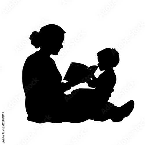 a black and white silhouette of a woman reading a book to a baby baby, black, book, boy, child, read, silhouette, woman , Generative art.