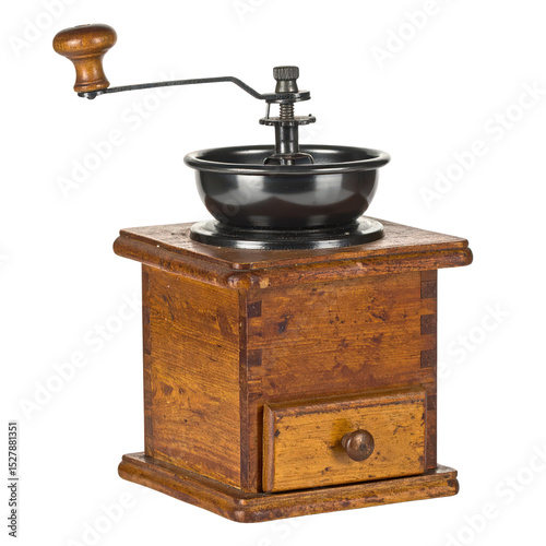 Vintage wooden coffee grinder with metal mechanism and crank handle on classic rustic wooden base suitable for traditional kitchen decor and antique kitchen tools
