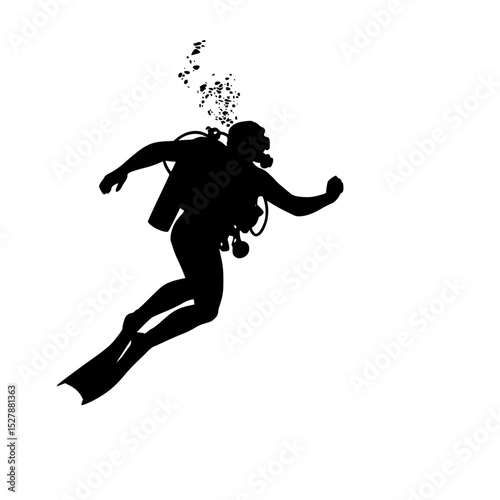 a black silhouette of a scuba diver running black, diver, run, scuba diver, silhouette, woman , Generative art.