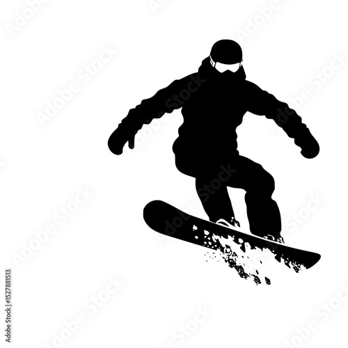 a black and white silhouette of a man riding a snowboard down a hill black, hill, jump, man, person, ride, silhouette, snowboard, snowboarder , Generative art.