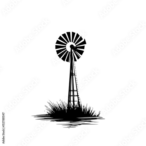 a black silhouette of a windmill on a white background black, grass, silhouette, water, windmill , Generative art.