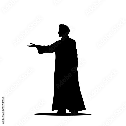 a black silhouette of a priest in a long robe black, hand, long, man, priest, robe, silhouette, stand , Generative art.