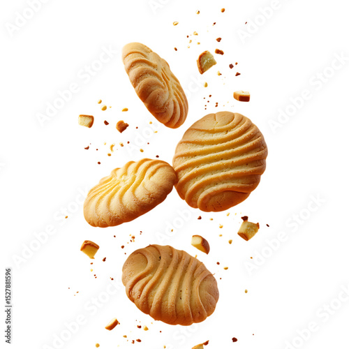 Four delicious butter cookies falling isolated on white background