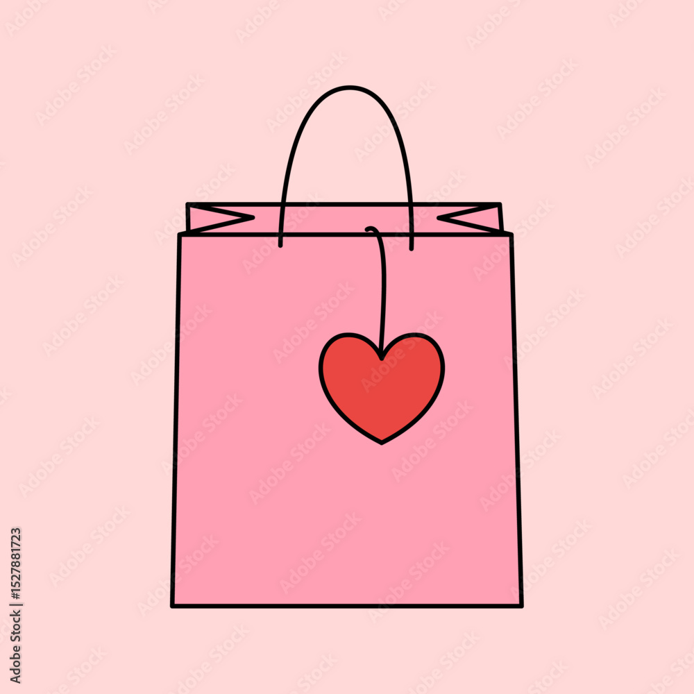 Pink Blank Shopping Bag Vector Isolated on Pink Background with Heart Tag
