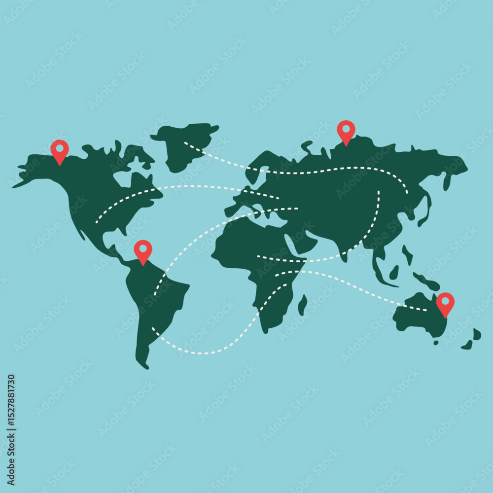 Travel Around the World, Minimalist Vector Map Illustration with Blue Background. Connecting Global Travel Technology Location