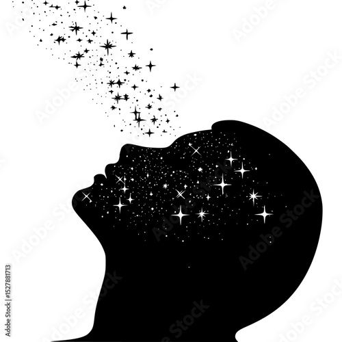 a black silhouette of a man looking up at the stars in the sky black, blow, head, look, man, profile, silhouette, sky, star , Generative art.