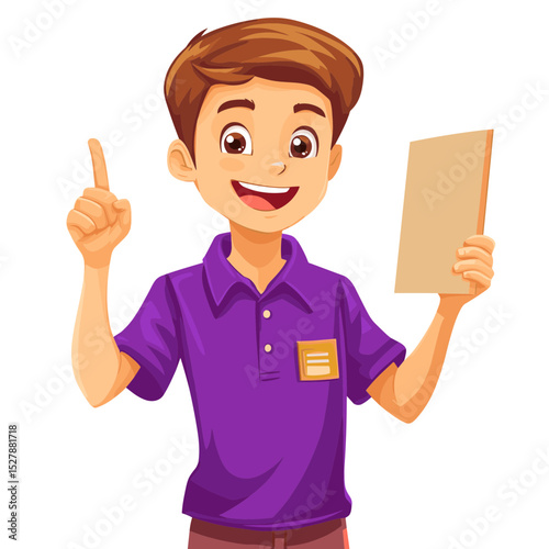 Illustration of a Cheerful Young Boy Holding Paper and Pointing Finger Wearing a Purple Polo Shirt Isolated on White Background