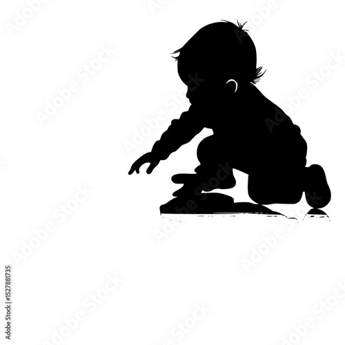 black silhouette of a small child riding a skateboard, a little kid baby, black, child, kid, little, play, ride, silhouette, skateboard, small, toddler , Generative art.