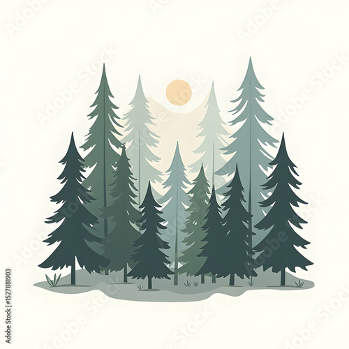 Stylized Forest Scene with Conifer Trees and a Faded Sun