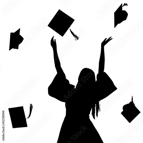 silhouette of a girl throwing her hat in the air at graduation cap, girl, graduate, graduation, hat, silhouette, student, throw , Generative art.