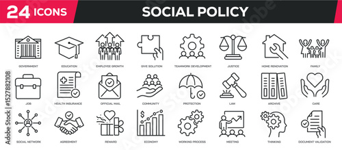 Set of collection line icons related social policy, social network, community. Editable stroke. Perfect pixel on transparent background