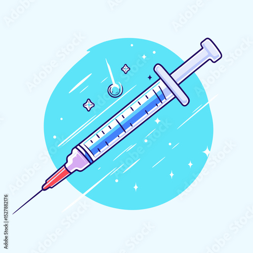 Illustration of a Pixelated Syringe Against a Light Blue Circle with Stars and Streaks on White Background