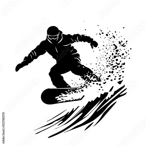 a black and white silhouette of a man on a snowboard black, man, ride, silhouette, snowboard, snowboarder , Generative art.
