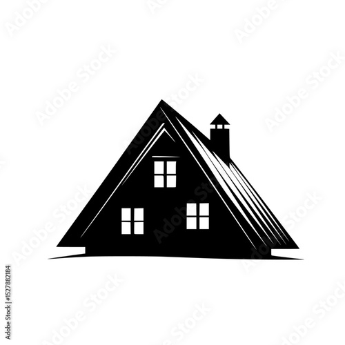 black silhouette of a house with a roof, windows and chimney on a white background attic, black, chimney, house, icon, illustration, logo, roof, silhouette, window , Generative art.
