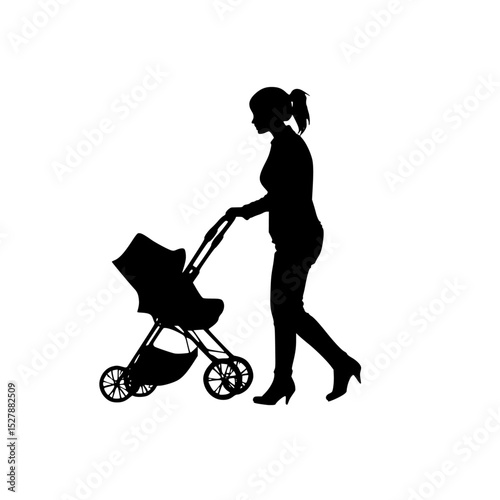 a black silhouette of a woman pushing a stroller with her child baby, black, child, mother, push, silhouette, stroller, walk, woman , Generative art.