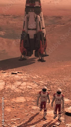 Two astronauts walking near giant space rocket on Mars surface. Space colonization mission with landing vehicle on red planet desert landscape and rocky terrain.