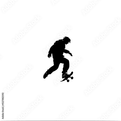 a black and white silhouette of a man riding a skateboard black, jump, man, person, ride, silhouette, skateboard, skateboarder , Generative art.