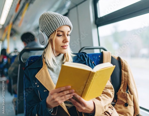 Woman reading book on bus (1)