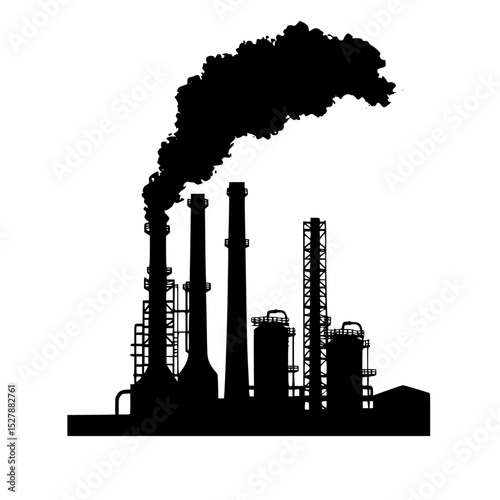 the black silhouette of an industrial plant with smoke coming out of the chimney black, chimney, factory, icon, industrial, plant, silhouette, smoke , Generative art.