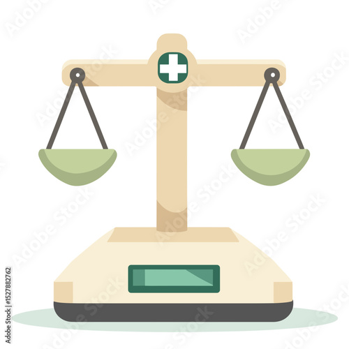 Illustration of Beige Scale with Pale Green Bowls and Digital Display for Justice Weight Measurement and Health Concepts on White Background