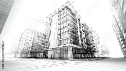 A detailed architectural sketch of a modern multi-story building with transparent lines showing structural design and perspective.