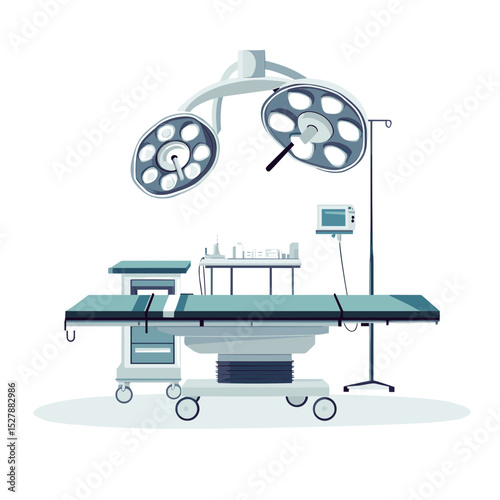 Illustration of Modern Operating Room with Surgical Table and Lights in Hospital Interior Setup