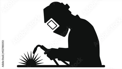 Vector Silhouette of Skilled welder concentrating on metalwork/Silhouette of a welder, focused on their craft.