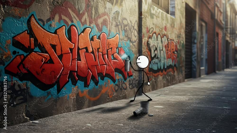 Cartoon character spray painting graffiti on wall