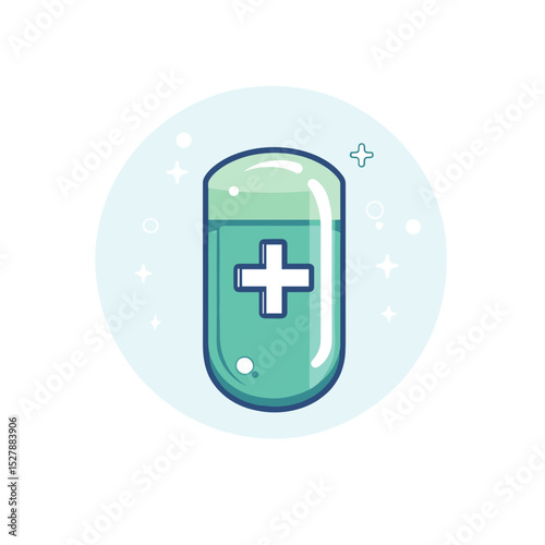 Isolated Turquoise Capsule with Cross Design on a Circular Light Blue Background Health and Wellness Pill Medication and Recovery for Pharmacy